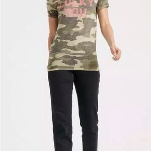 Lucky Brand Women’s Army Green Camo Burnout T ShirtWPink Graphic Print Lucky You